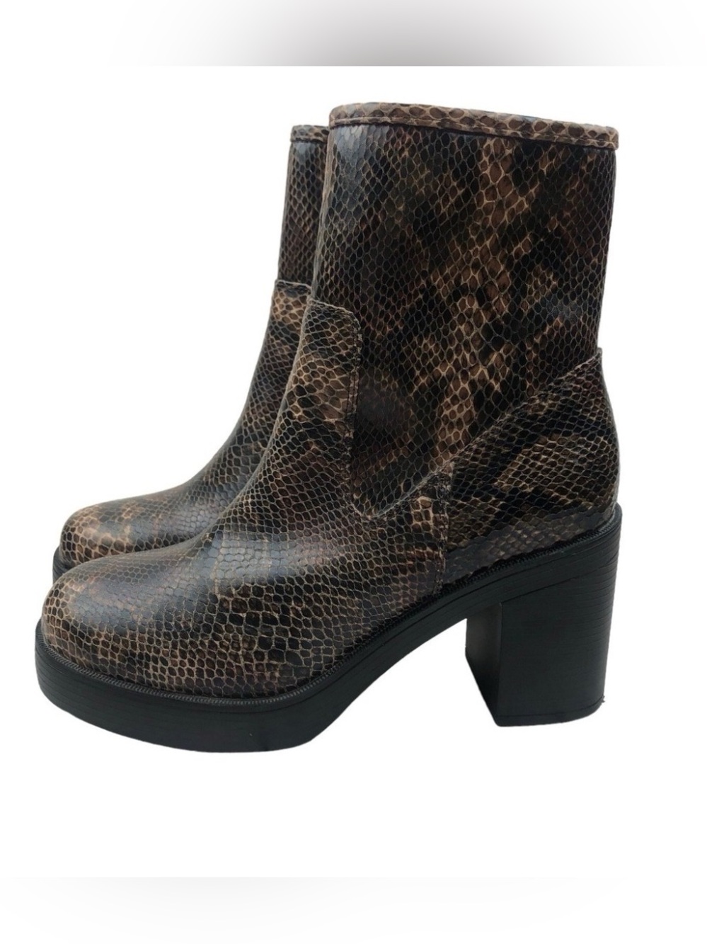 Snake-Print Brown Block Heel platform Ankle Booties